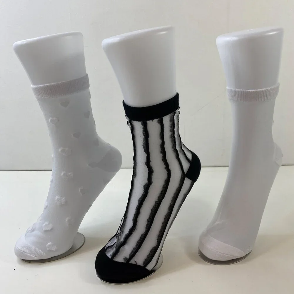 Sheer Ankle Socks Set - 3 Stylish Pairs With Hearts Stripes & Solid Patterns
